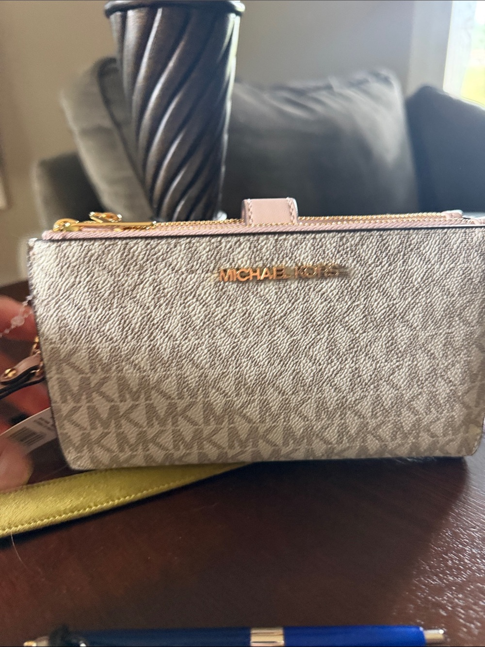 MICHAEL Michael Kors Beige Logo Wristlet with Pale Pink Trim